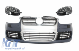 Front Bumper with Headlights suitable for VW Golf V 5 (2003-2007) Jetta (2005-2010) R32 Look Brushed Aluminium Look Grille - COFBVWG5R32AHLB