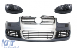 Front Bumper with Headlights suitable for VW Golf V 5 (2003-2007) Jetta (2005-2010) R32 Look Brushed Aluminium Look Grille - COFBVWG5R32AHLB