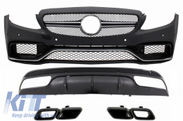 Front Bumper with Rear Diffuser and Exhaust Tips Night Package Black Edition Sport suitable for Mercedes C-Class W205 S205 (2014-2020) C63 Design - COCBMBW205AMGB