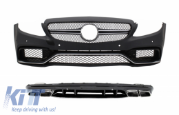 Front Bumper with Rear Diffuser and Silver Tips suitable for Mercedes C-Class W205 S205 (2014-2020) Only for AMG Sport Line - COFBMBW205AMGS