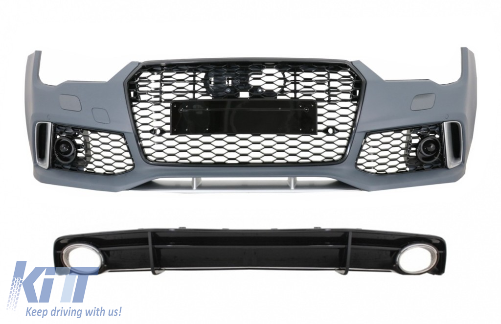Első lökhárító fekete hátsó diffúzorral és kipufogócsúcsokkal, alkalmas Audi A7 4G Facelift (2015-2018) RS7 Design Only S-Line készülékhez