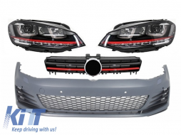 Front Bumper  suitable for VW Golf VII Golf 7 2013-up GTI Look with Headlights 3D RED LED DRL Turn Light and Grille - COFBVWG7GTIGHL