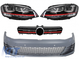 Front Bumper  suitable for VW Golf VII Golf 7 2013-up GTI Look with Headlights 3D LED DLR RED and Grille - COFBVWG7GTIHLG