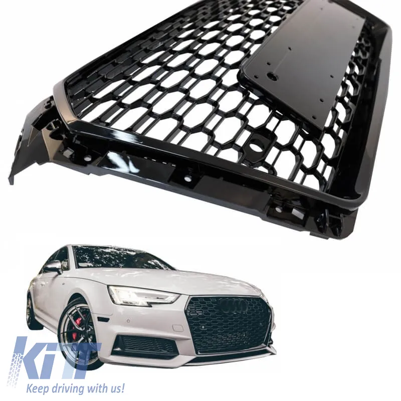 Front Grille suitable for Audi A4 B9 16-19 RS4 Look Honeycomb Glossy Black 1 Pc