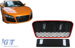 Front Grille suitable for Audi R8 42 1st Generation Facelift (2013-2015) RS Design Glossy Black Red - FGAUR84S2R