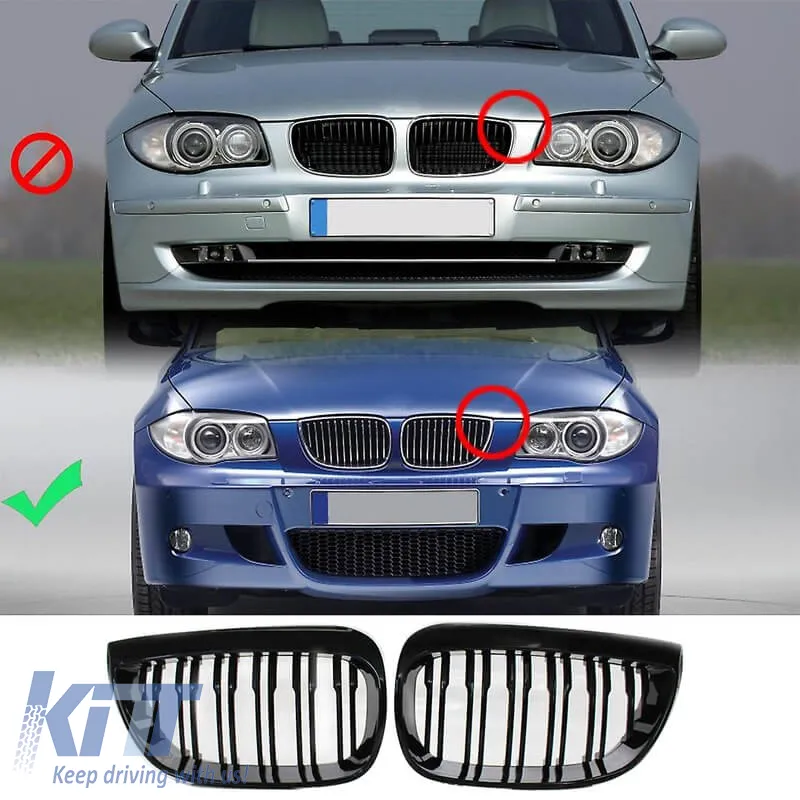 Front Grilles suitable for BMW 1 E87 04-07 M4 Look with 12 Double Grilles Glossy Black 2pcs