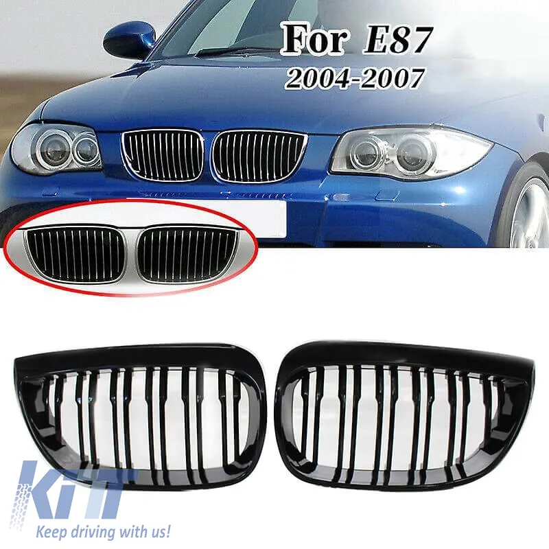 Front Grilles suitable for BMW 1 E87 04-07 M4 Look with 12 Double Grilles Glossy Black 2pcs