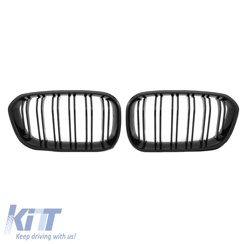 Front Grilles suitable for BMW 1 F20 / F21 15-19 M4 Look with Double Grille with 12 Lines Glossy Black 2pcs