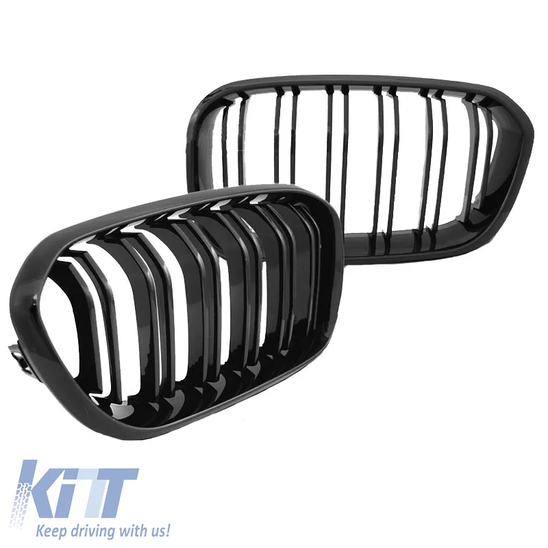 Front Grilles suitable for BMW 1 F20 / F21 15-19 M4 Look with Double Grille with 12 Lines Glossy Black 2pcs