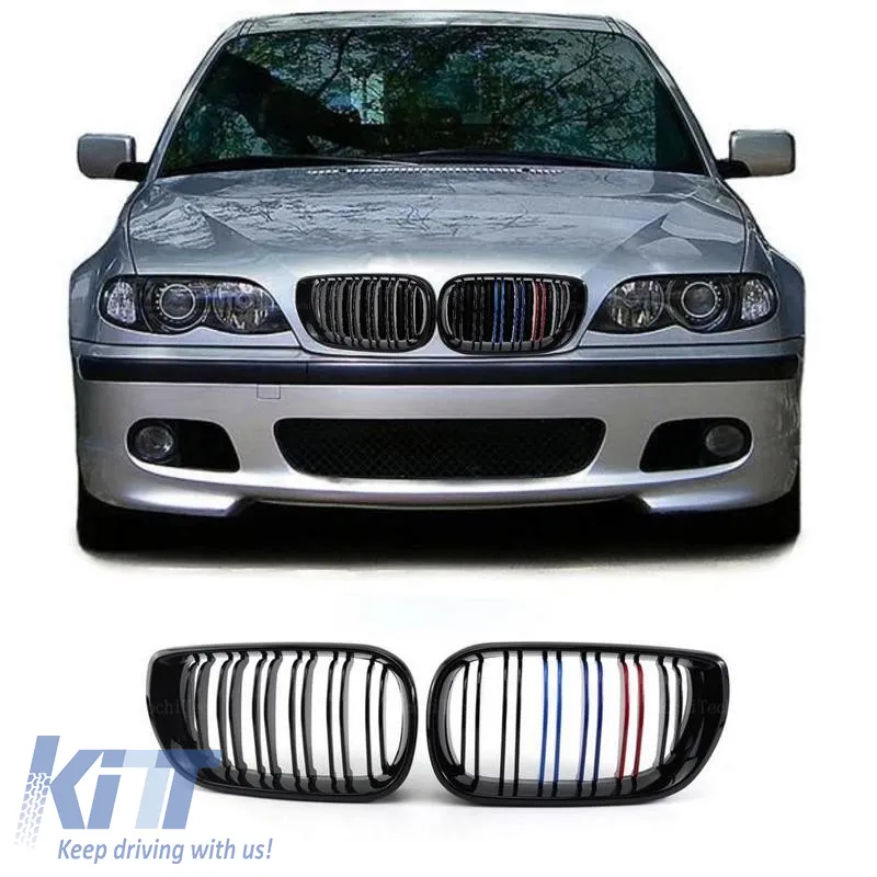 Front Grilles suitable for BMW 3 E46 02-05 Sedan/Touring M4 Look With Double Grille Tri-Color Glossy Black 2pcs