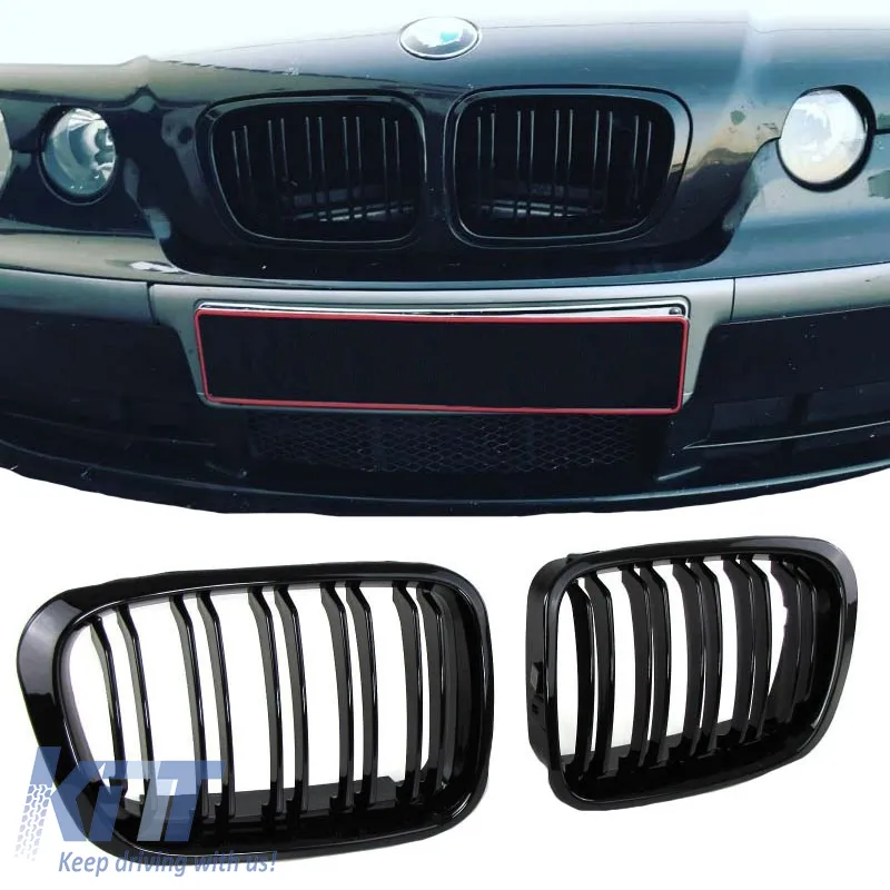 Front Grilles suitable for BMW 3 E46 99-01 Sedan/Touring/Compact M4 Look With Double Grille Glossy Black 2 Pcs