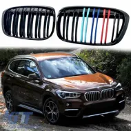 Front Grilles suitable for BMW X1 F48 14-19 M4 Look with Double Grille Tri-Color Glossy Black 2 Pcs-image-6308328