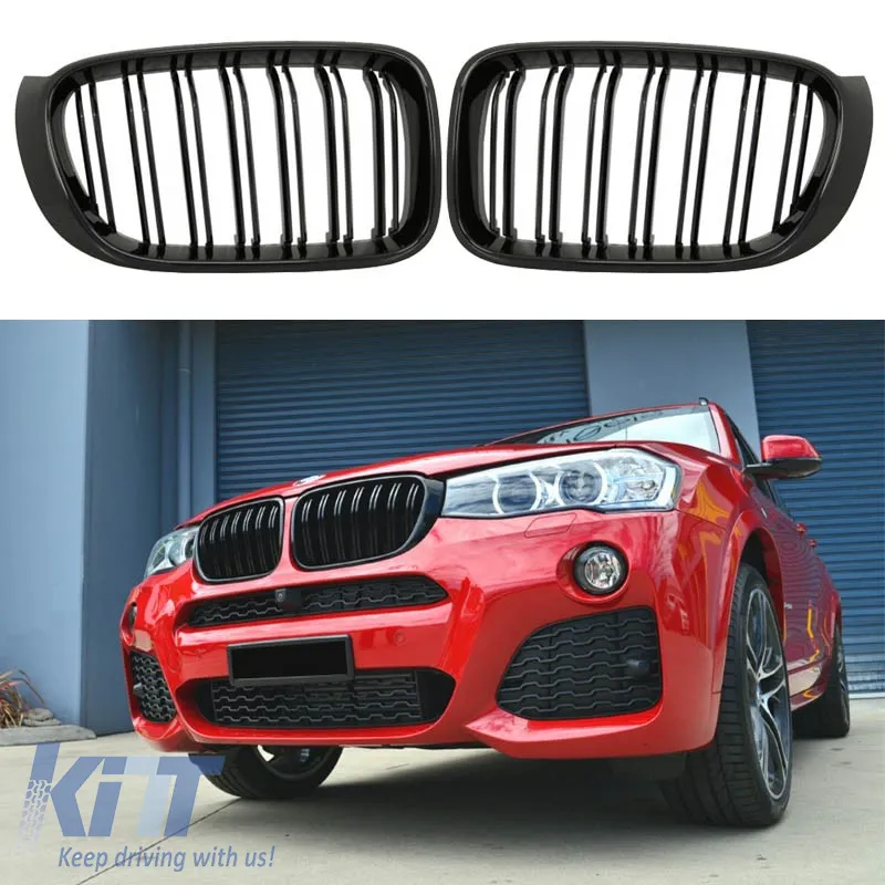 Front Grilles suitable for BMW X3 F25 LCI 14-17 / X4 F26 14-17 M4 Look with Double Grille Glossy Black with 7 Grilles 2 Pcs