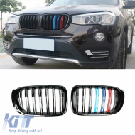 Front Grilles suitable for BMW X3 F25 LCI 14-17 / X4 F26 14-17 M4 Look with Double Grille Tri-Color Glossy Black with 7 Grilles 2 Pcs