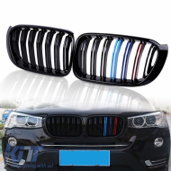 Front Grilles suitable for BMW X3 F25 LCI 14-17 / X4 F26 14-17 M4 Look with Double Grille Tri-Color Glossy Black with 7 Grilles 2 Pcs