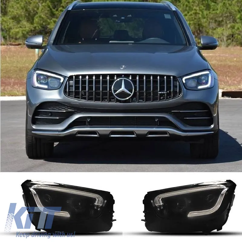 Front Headlight Set Suitable for Mercedes-Benz GLC C253/X253 Upgrade to Facelift Look 2020-2021 Black Full LED DRL with Carner Motor
