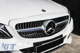 Grille en diamant chromé/argent adapté pour Mercedes C-class W205 berline, S205 break, C205 coupé 2014-2018 sans trou pour caméra-image-6236946