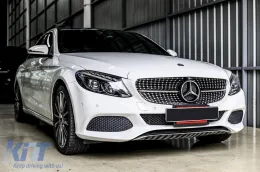 Grille en diamant chromé/noir adapté pour Mercedes Classe C W205 berline, S205 break, C205 coupé 2014-2018 avec ouverture pour caméra-image-6236914