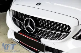 Grille en diamant chromé/noir adapté pour Mercedes Classe C W205 berline, S205 break, C205 coupé 2014-2018 avec ouverture pour caméra-image-6236917