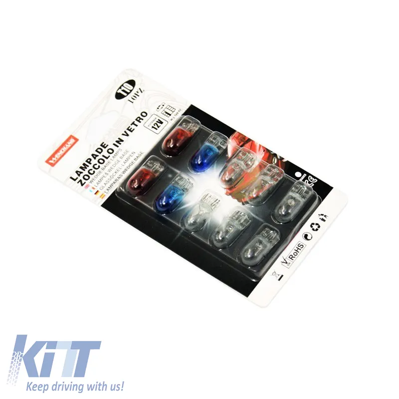 Halogen Bulbs T10 W5W 12V 5w in 3 Colours (Blue, Red, White) Set of 10 pcs
