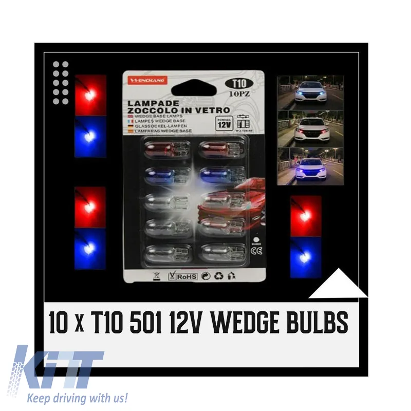Halogen Bulbs T10 W5W 12V 5w in 3 Colours (Blue, Red, White) Set of 10 pcs
