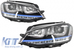 Headlights 3D LED DRL suitable for VW Golf 7 VII (2012-2017) Blue GTE Look LED FLOWING Dynamic Sequential Turn Light - HLVWG7GTELEDFW