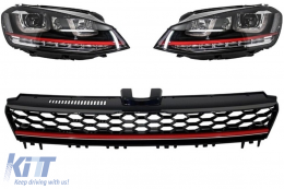 Headlights 3D LED DRL suitable for VW Golf 7 VII (2012-2017) RED R20 GTI Look LED FLOWING with Central Grille R-Line - COHLVWG7GTILEDFWFG