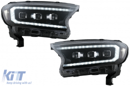 Headlights LED Light Bar Dynamic Start-up Display suitable for Ford Ranger Raptor (2015-2020) LHD Full Black Housing with Sequential Dynamic Turning Lights Matrix Projector - HLFRNGT6LED
