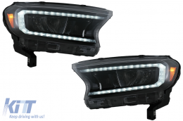 Headlights LED Light Bar suitable for Ford Ranger (2015-2020) LHD Full Black Housing with Sequential Dynamic Turning Lights - HLFRNGT6