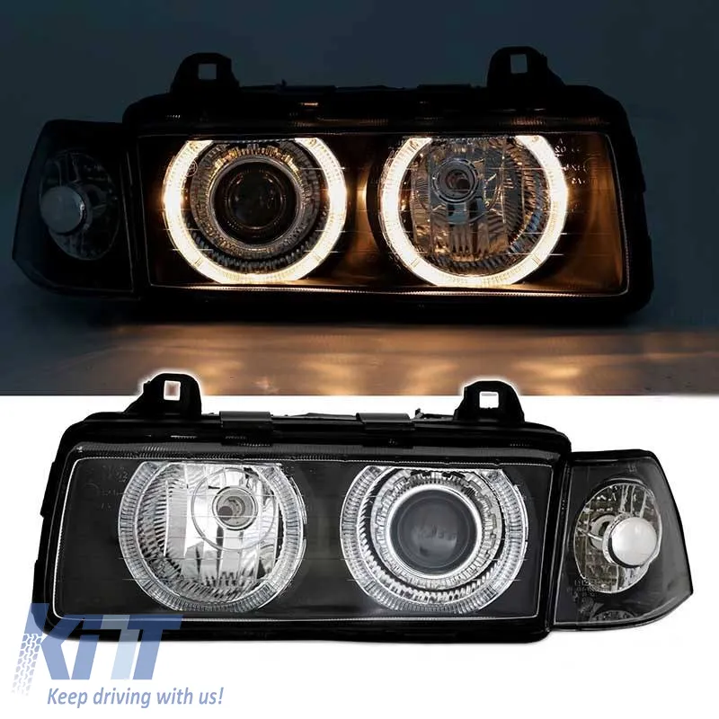 Headlights Set Suitable for BMW 3 E36 90-99 Sedan / Compact / Touring Angel Eyes Black H7/H7 Depo