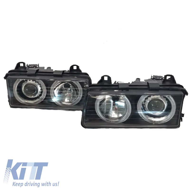 Headlights Set Suitable for BMW 3 E36 Coupe / Sedan / Compact / Touring 90-99 Angel Eyes Black H7/H7 Carner