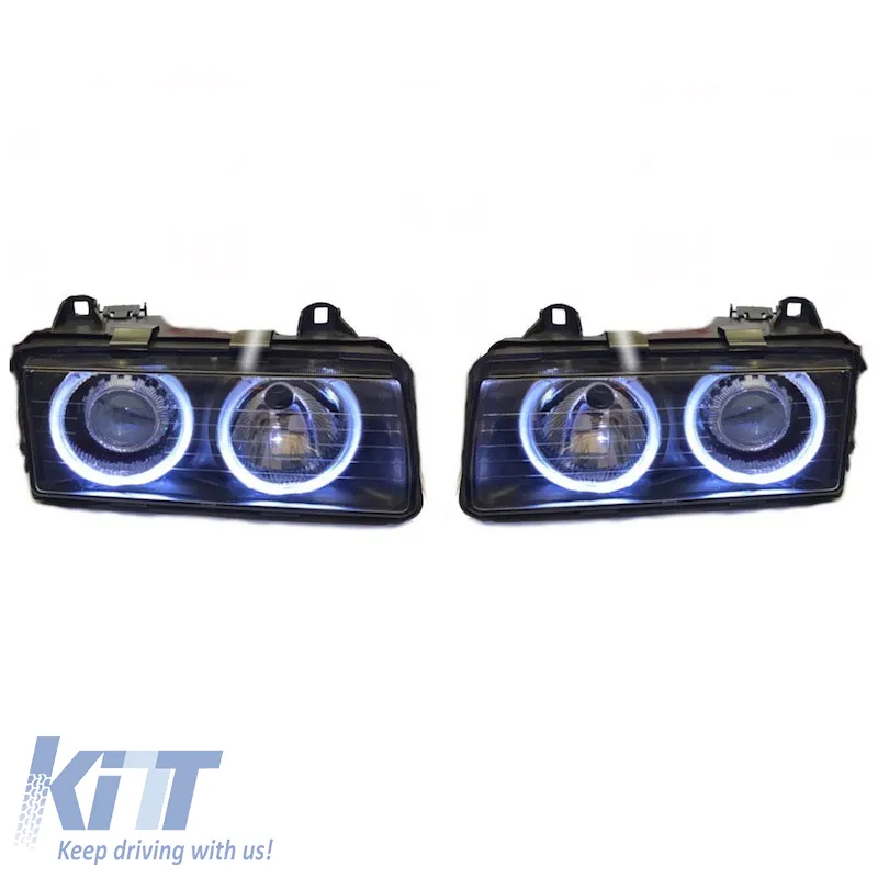 Headlights Set Suitable for BMW 3 E36 Coupe / Sedan / Compact / Touring 90-99 Angel Eyes Black H7/H7 Carner