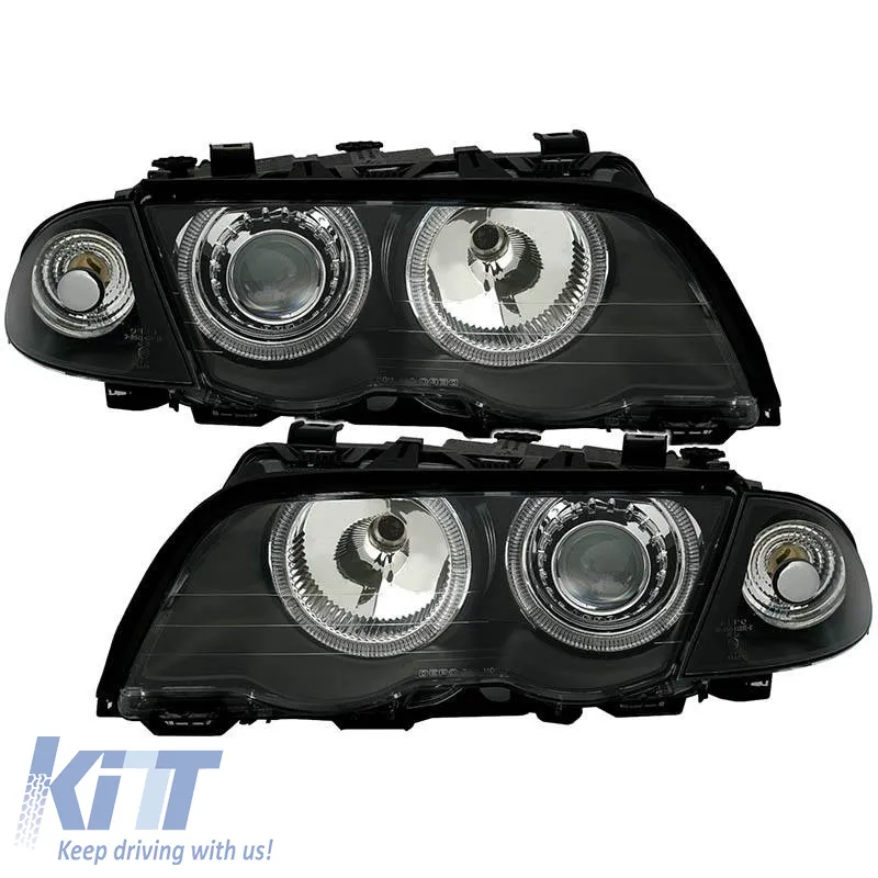 Headlights Set Suitable for BMW 3 E46 Sedan/Caravan 99-01 Angel Eyes Black H7/H7 With Motor Depo