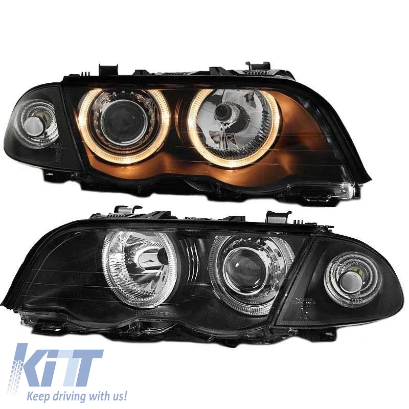 Headlights Set Suitable for BMW 3 E46 Sedan/Caravan 99-01 Angel Eyes Black H7/H7 With Motor Depo