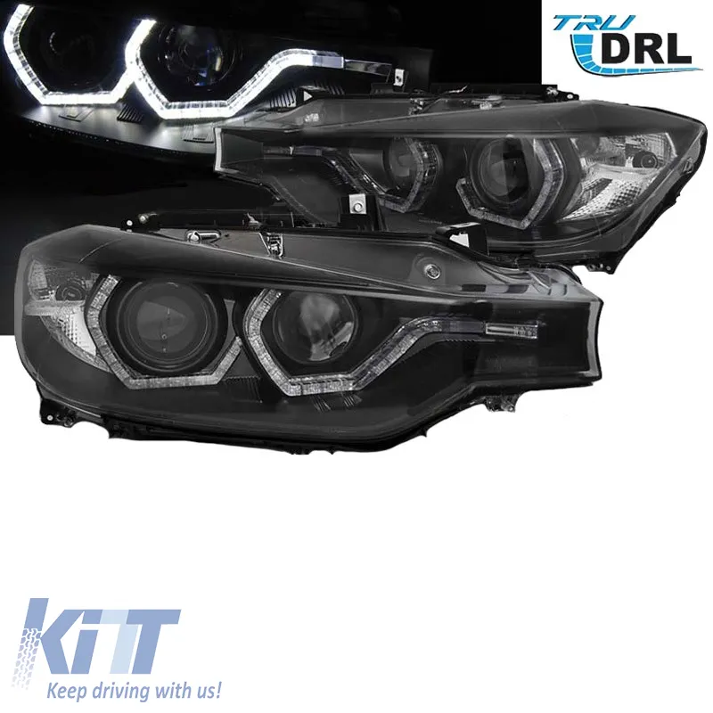 Headlights Set Suitable for BMW 3 F30 / F31 11-15 3D Angel Eyes Black H7/H7 With Motor Sonar