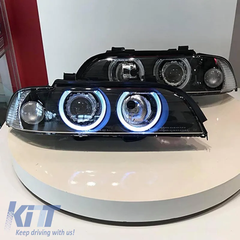Headlights Set Suitable for BMW 5 E39 95-03 Angel Eyes Facelift LCI Look Black H7/H7 Manual Carner