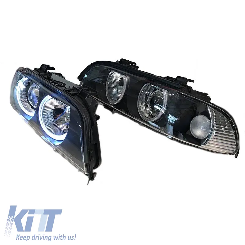 Headlights Set Suitable for BMW 5 E39 95-03 Angel Eyes Facelift LCI Look Black H7/H7 Manual Carner