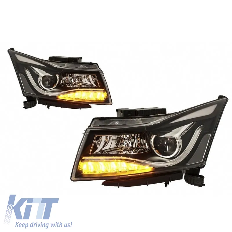 Headlights Set Suitable for Chevrolet Cruze 09-14 Tube DRL & Led Signal H7/H1 Black Manual Carner