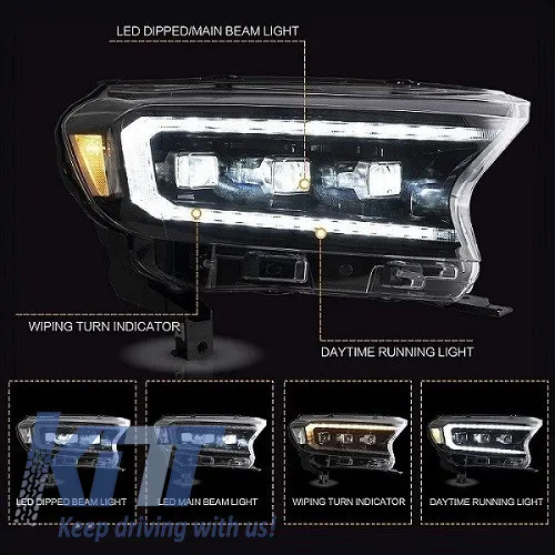 Headlights Set Suitable for Ford Ranger 15-20 DRL Dynamic Start Up Black Full Led With Motor VLand