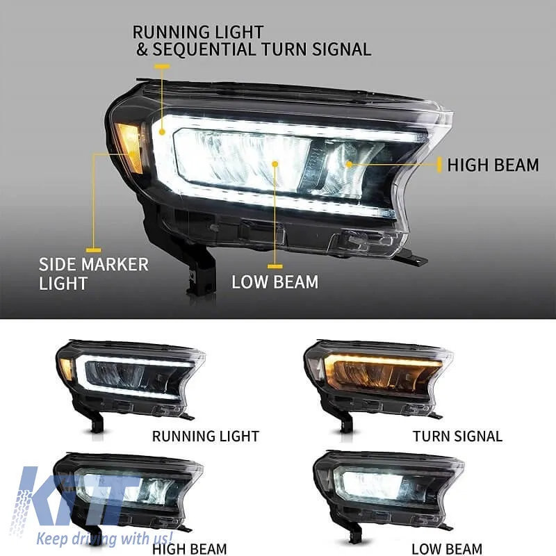 Headlights Set Suitable for Ford Ranger 15-20 DRL Dynamic Black Full Led With Motor VLand