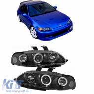Headlights Set Suitable for Honda Civic 92-95 2D/3D Angel Eyes & Led Black H1/H1 Manual Sonar