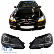 Headlights Set Suitable for Mercedes-Benz C-Class W204 11-14 DRL & Led Signal Black H7 With Motor