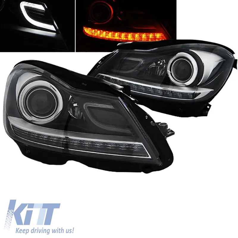 Headlights Set Suitable for Mercedes-Benz C-Class W204 11-14 DRL & Led Signal Black H7 With Motor