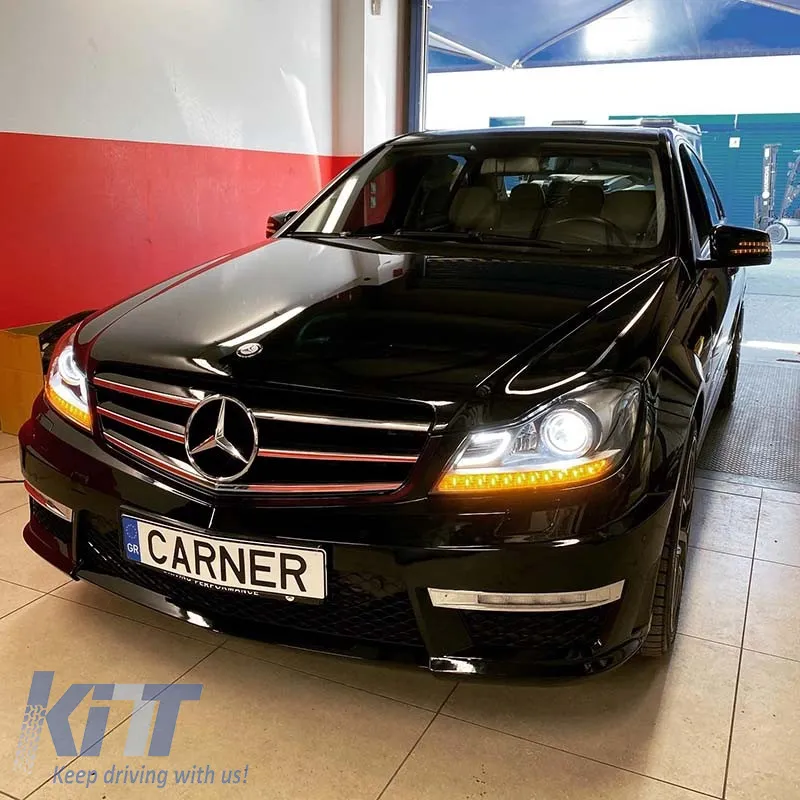 Headlights Set Suitable for Mercedes-Benz C-Class W204 11-14 DRL & Led Signal Black H7 With Motor