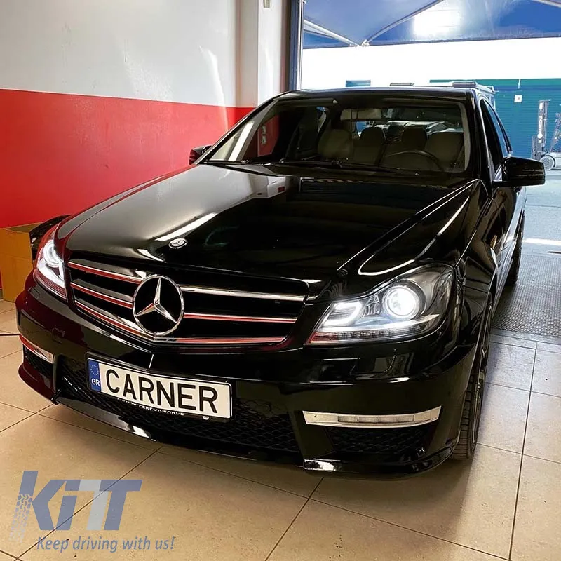 Headlights Set Suitable for Mercedes-Benz C-Class W204 11-14 DRL & Led Signal Black H7 With Motor