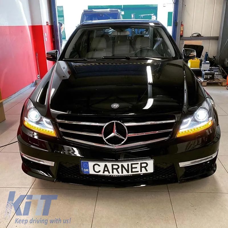 Headlights Set Suitable for Mercedes-Benz C-Class W204 11-14 DRL & Led Signal Black H7 With Motor