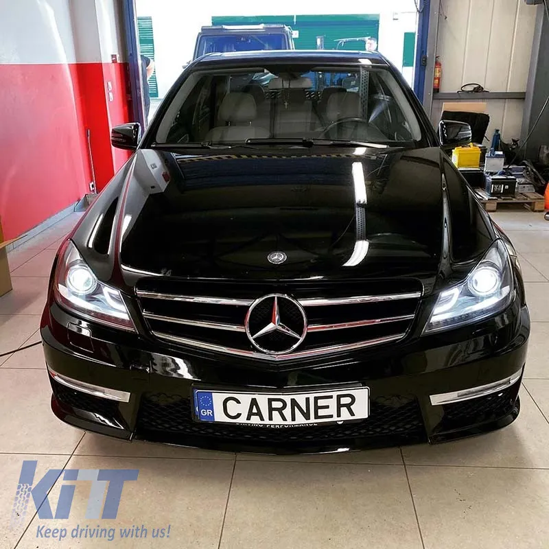 Headlights Set Suitable for Mercedes-Benz C-Class W204 11-14 DRL & Led Signal Black H7 With Motor
