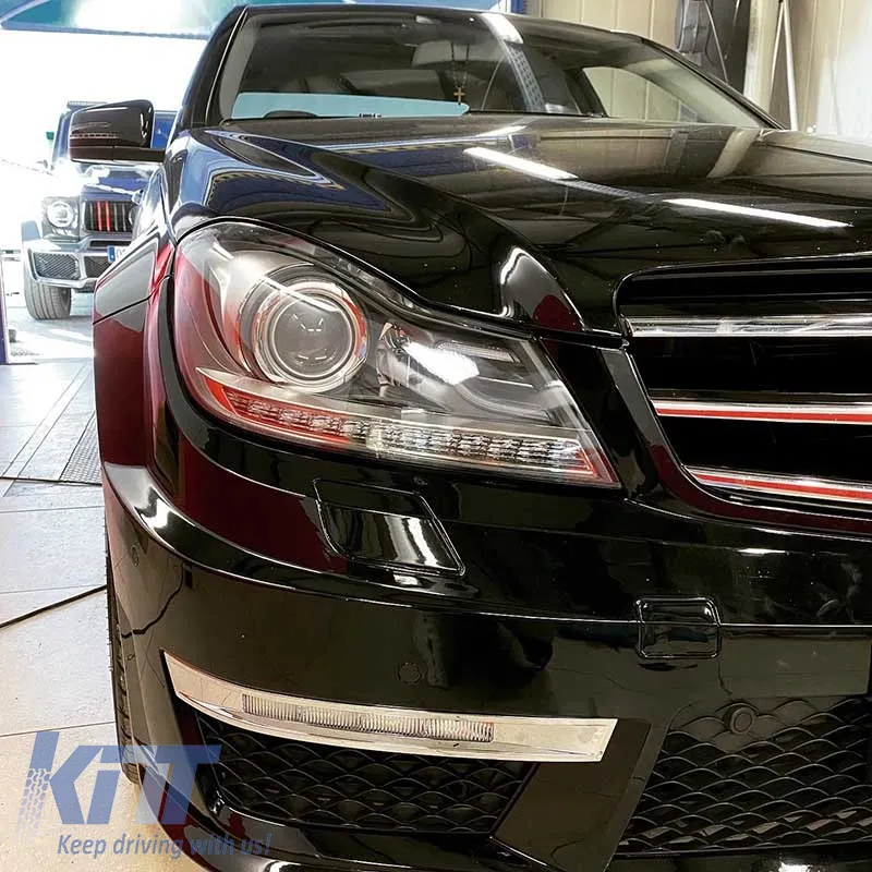 Headlights Set Suitable for Mercedes-Benz C-Class W204 11-14 DRL & Led Signal Black H7 With Motor