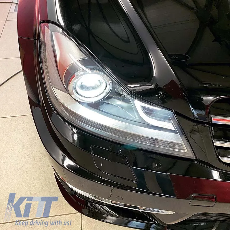 Headlights Set Suitable for Mercedes-Benz C-Class W204 11-14 DRL & Led Signal Black H7 With Motor