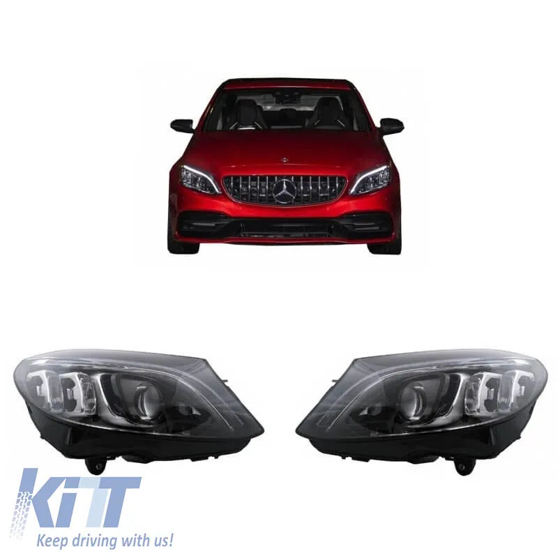 Headlights Set Suitable for Mercedes-Benz C-Class W205 14-18 LED Upgrade to Multibeam Full LED DRL Black with Motor Carrier